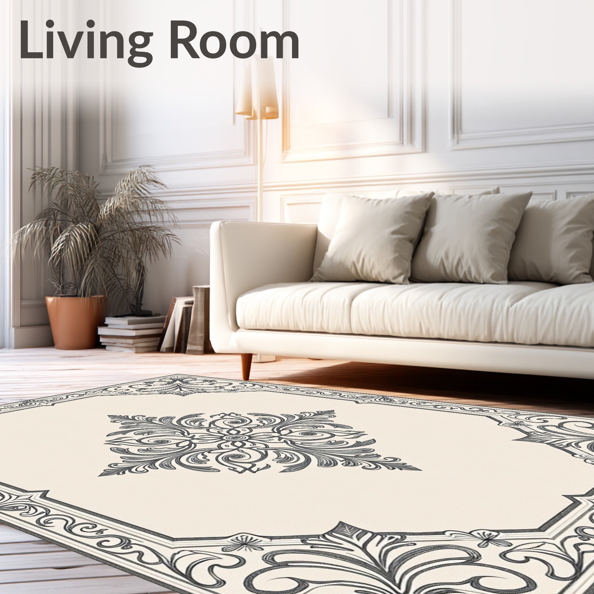 Cream Ivory Scrollwork Medallion Border Rug