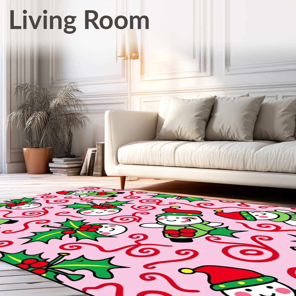Pink Christmas Elves Holly Swirls Rug