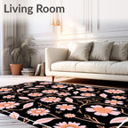 Pink Peach Floral Garden Black Rug