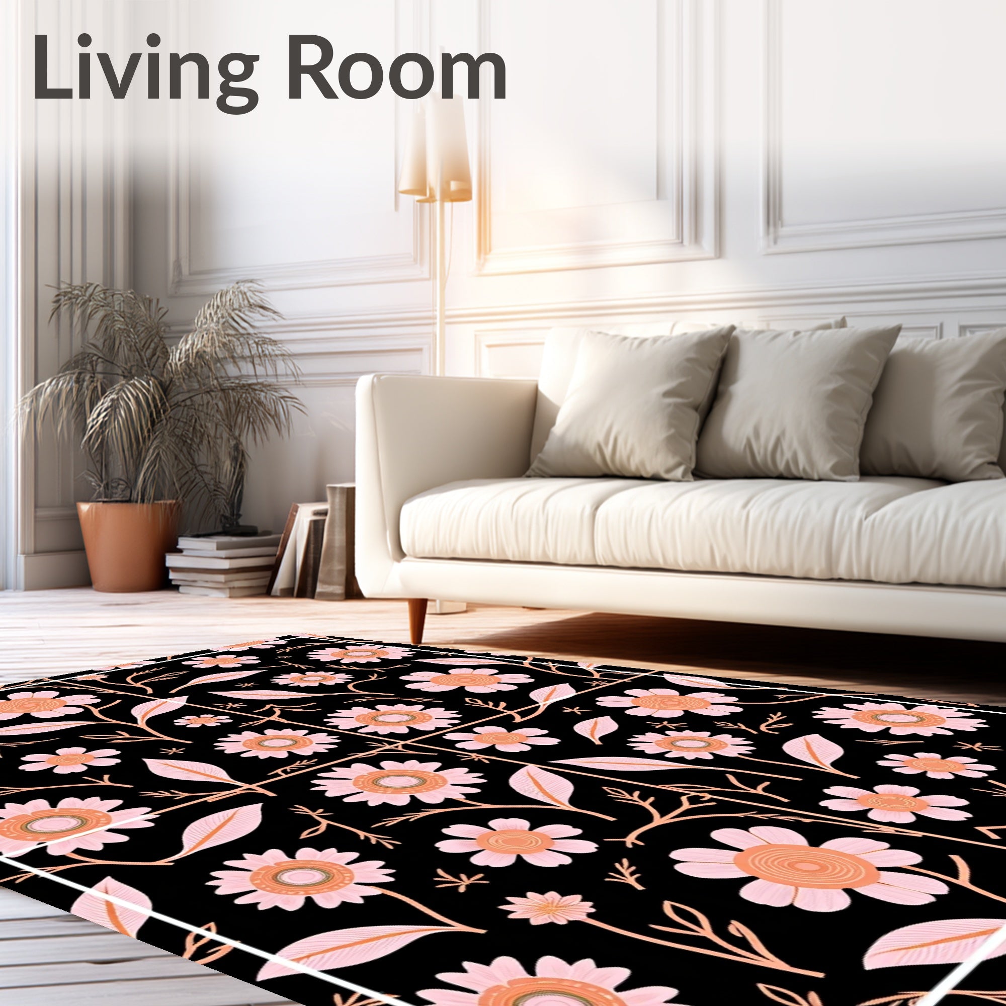 Pink Peach Floral Garden Black Rug