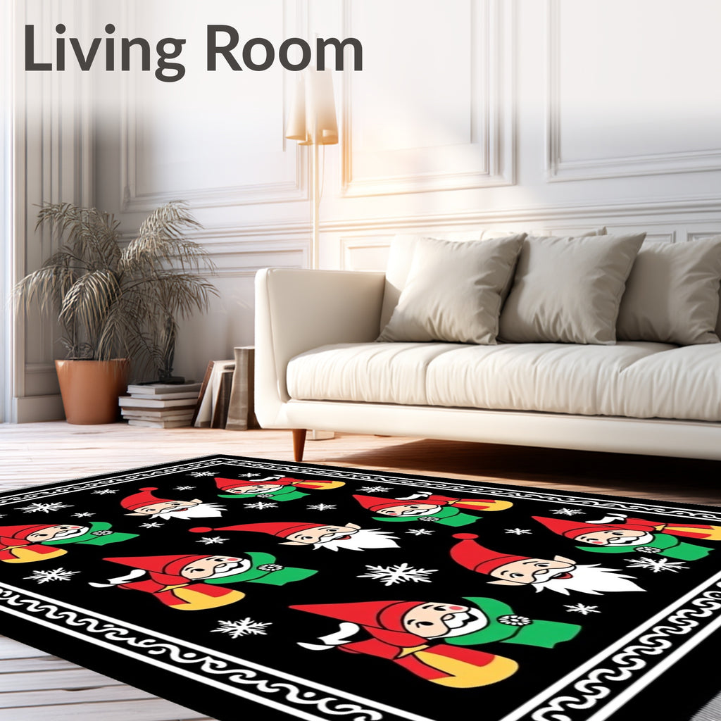 Festive Gnome Christmas Snowflakes Black Rug