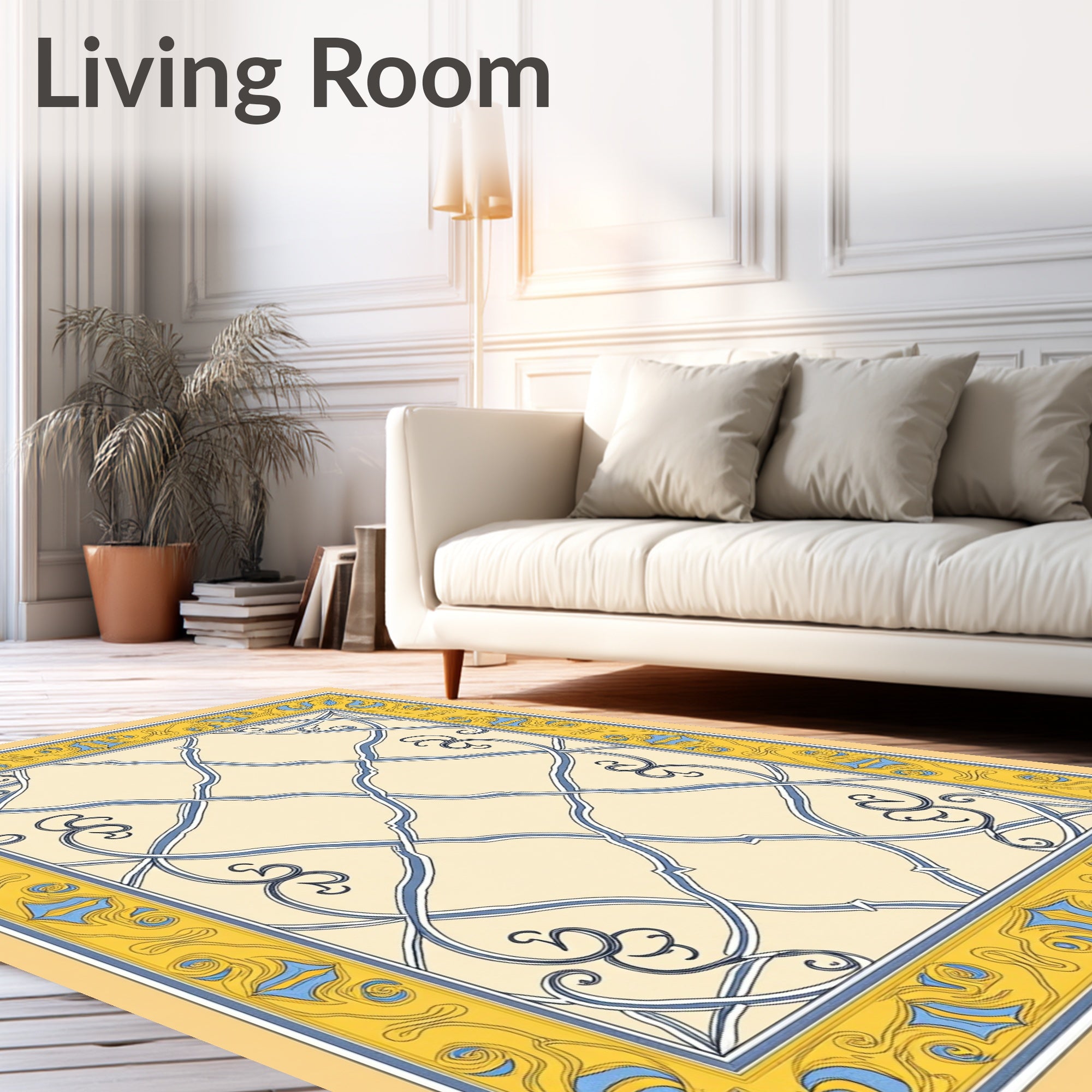 Cream Blue Yellow Ornate Lattice Rug