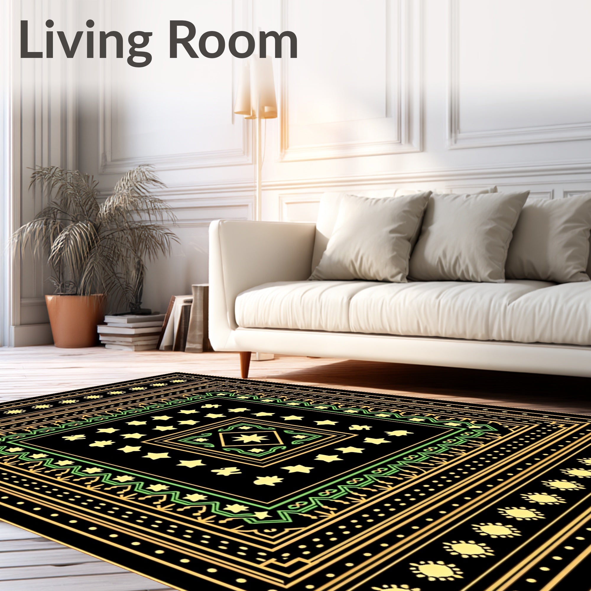 Golden Yellow Green Stars Square Rug