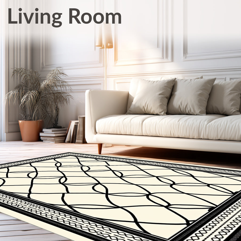 Cream Black Overlapping Diamond Frame Rug