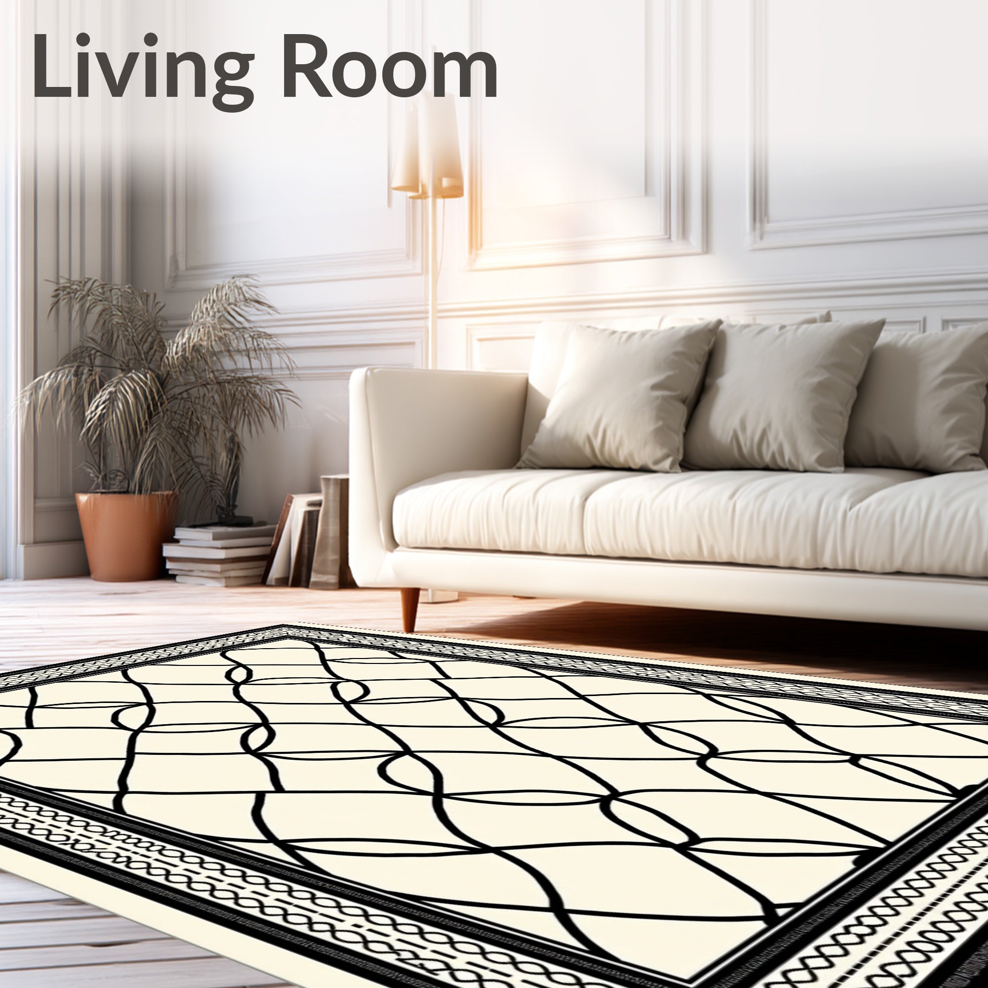 Cream Black Overlapping Diamond Frame Rug