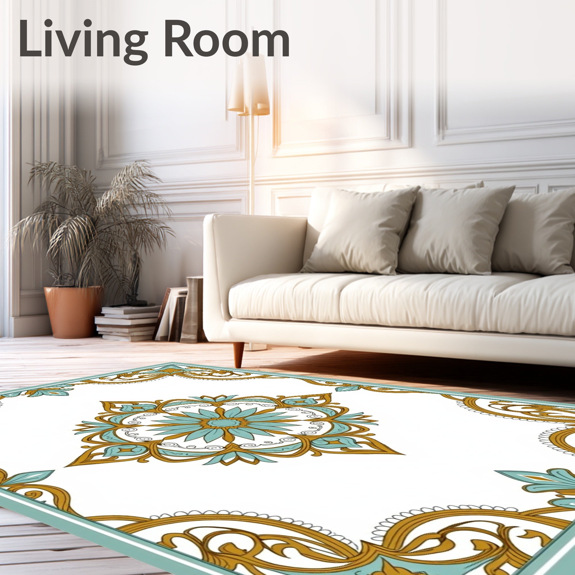 Teal Gold Floral Medallion Border Rug