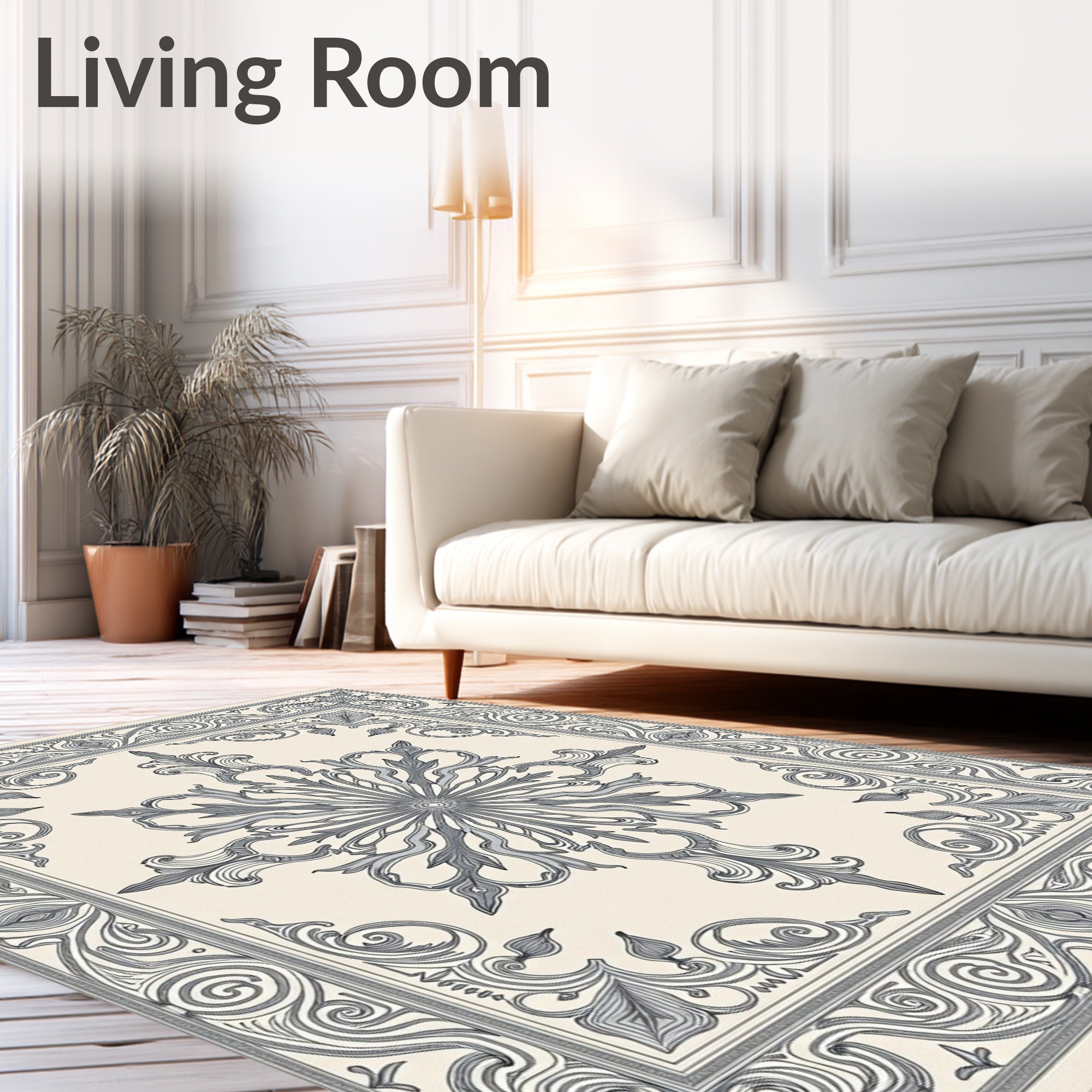 Cream Gray Ornate Floral Fan Rug