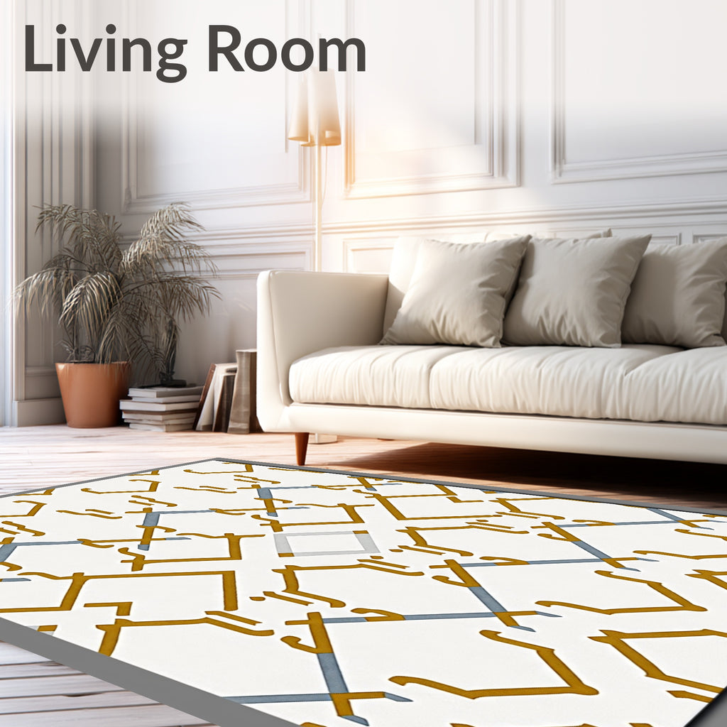 Golden Blue Geometric Lattice Rug