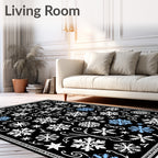 Black White Blue Snowflakes Scrollwork Rug