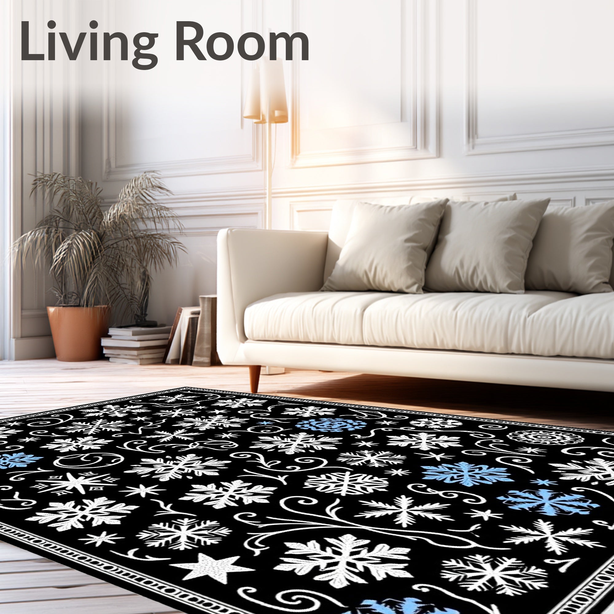 Black White Blue Snowflakes Scrollwork Rug