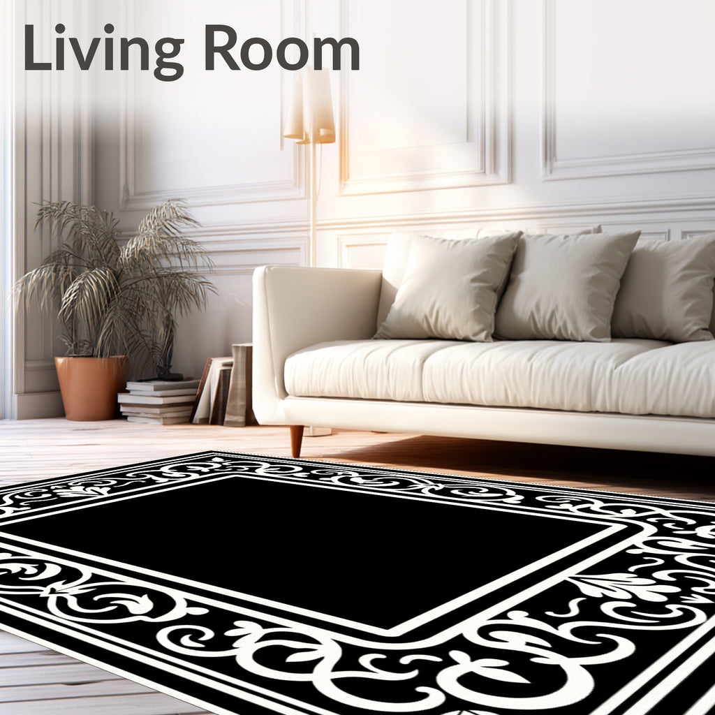 Classic Black White Floral Border Rug