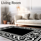 Classic Black White Floral Border Rug