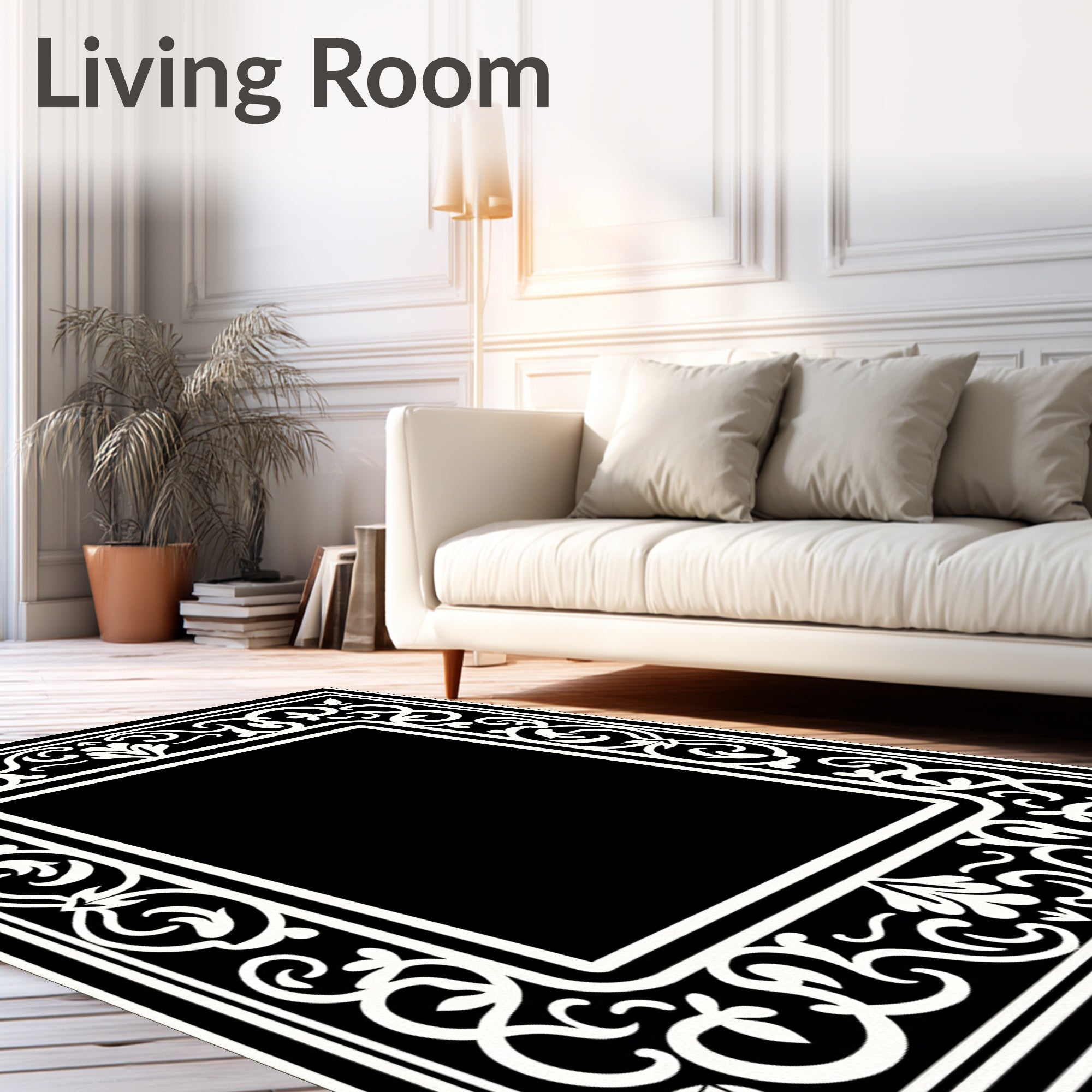 Classic Black White Floral Border Rug