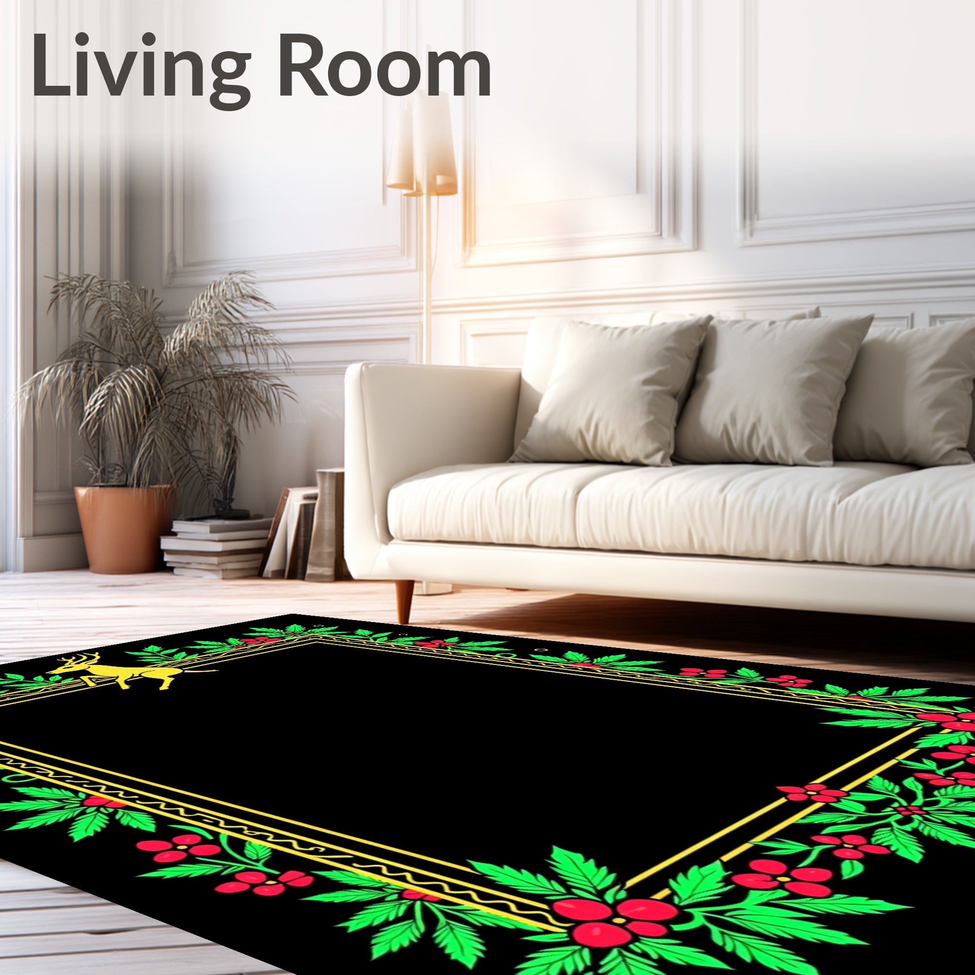 Gold Deer Woodland Floral Border Rug