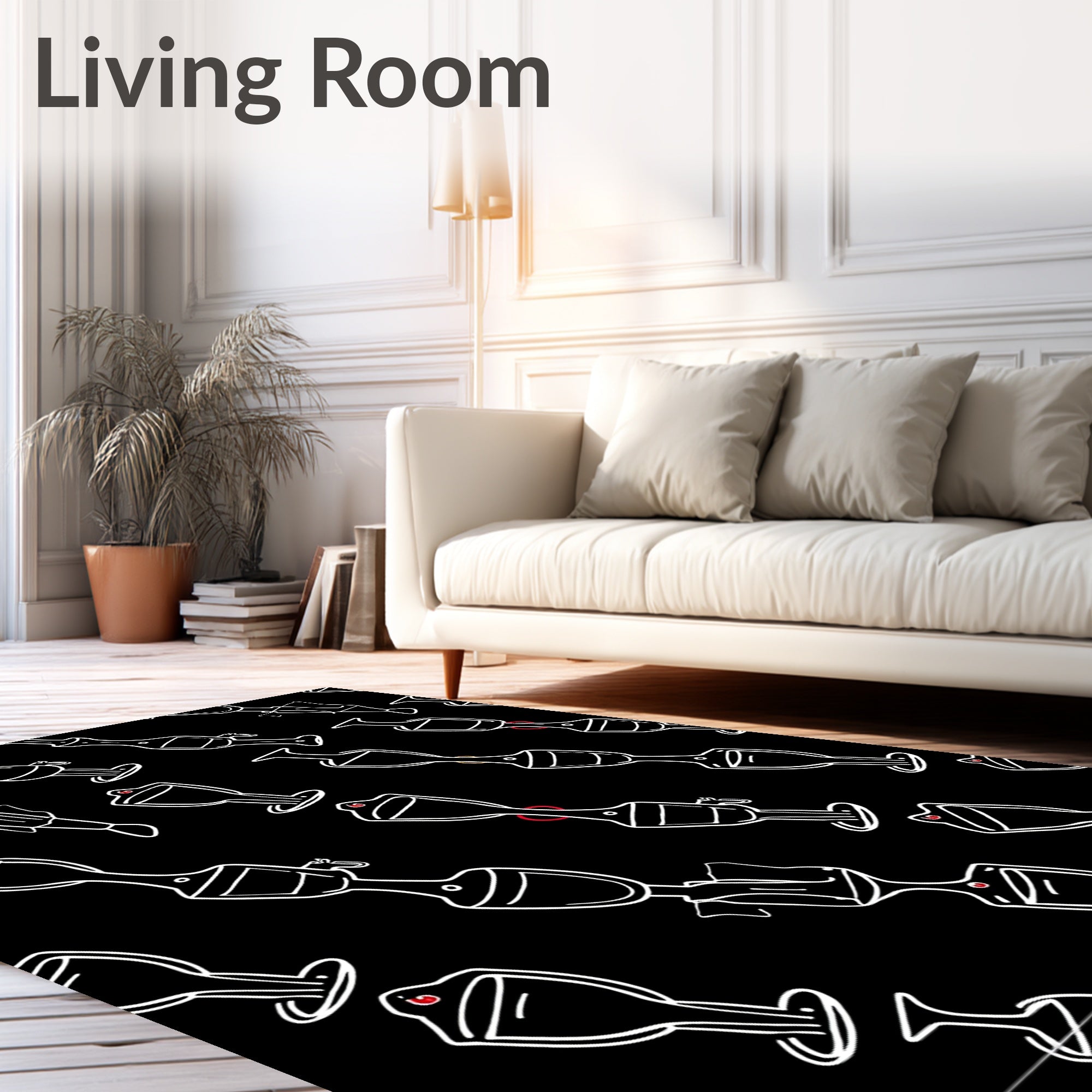 Black White Line Art Cocktail Glasses Rug