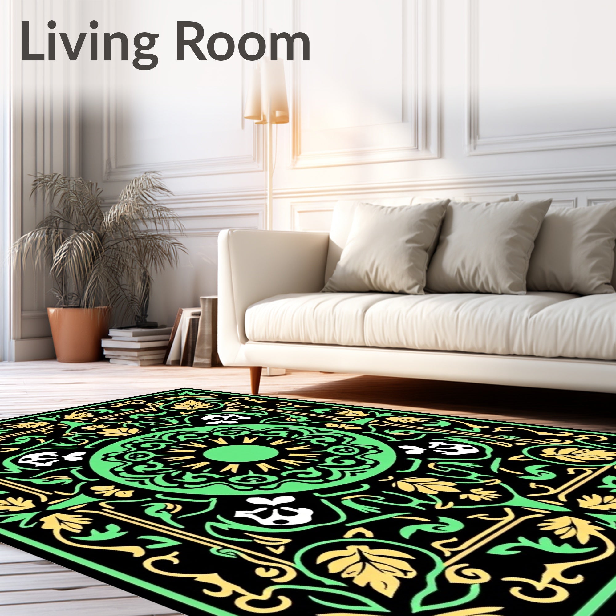 Classic Black Green Floral Medallion Rug