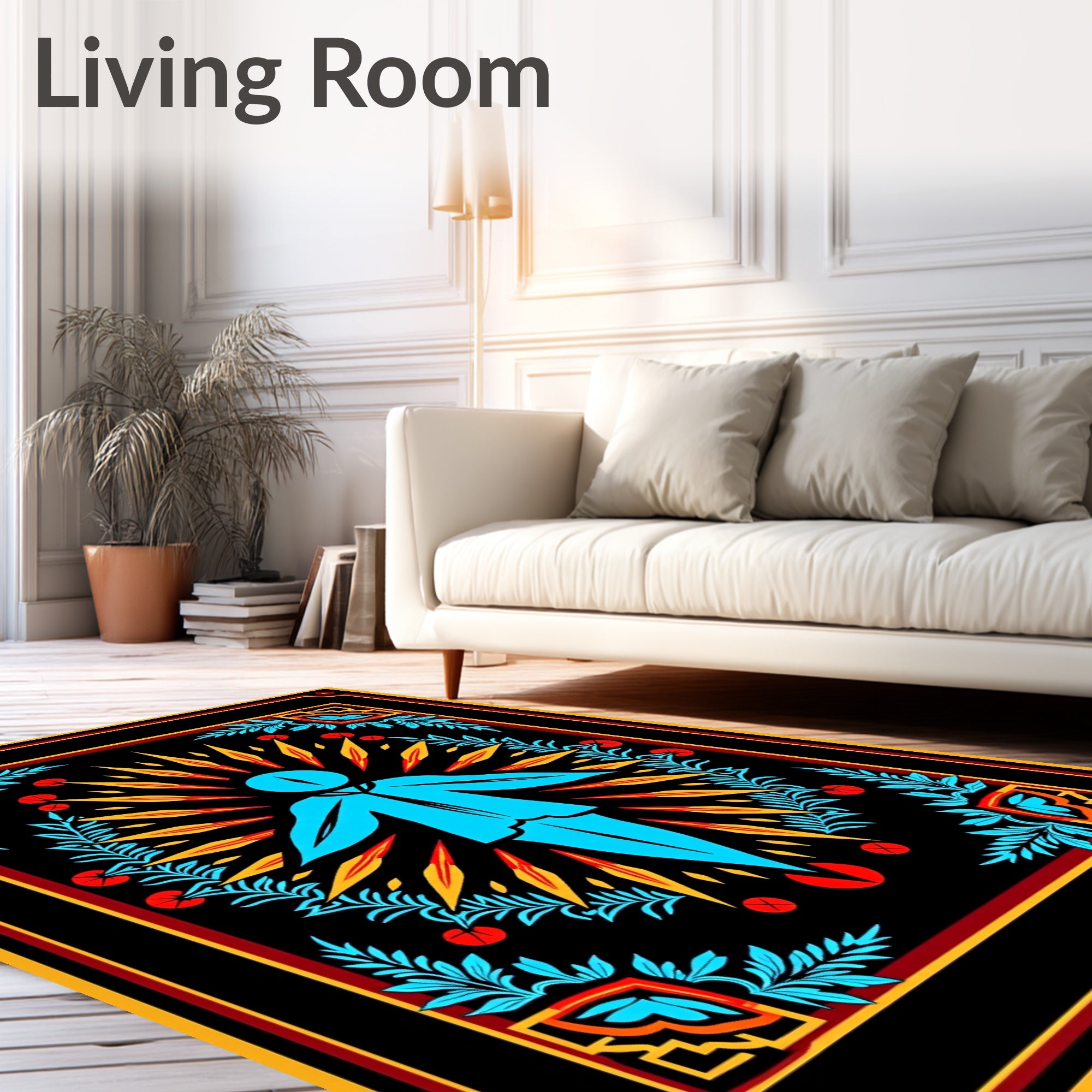 Bright Blue Figure Radiant Floral Border Rug