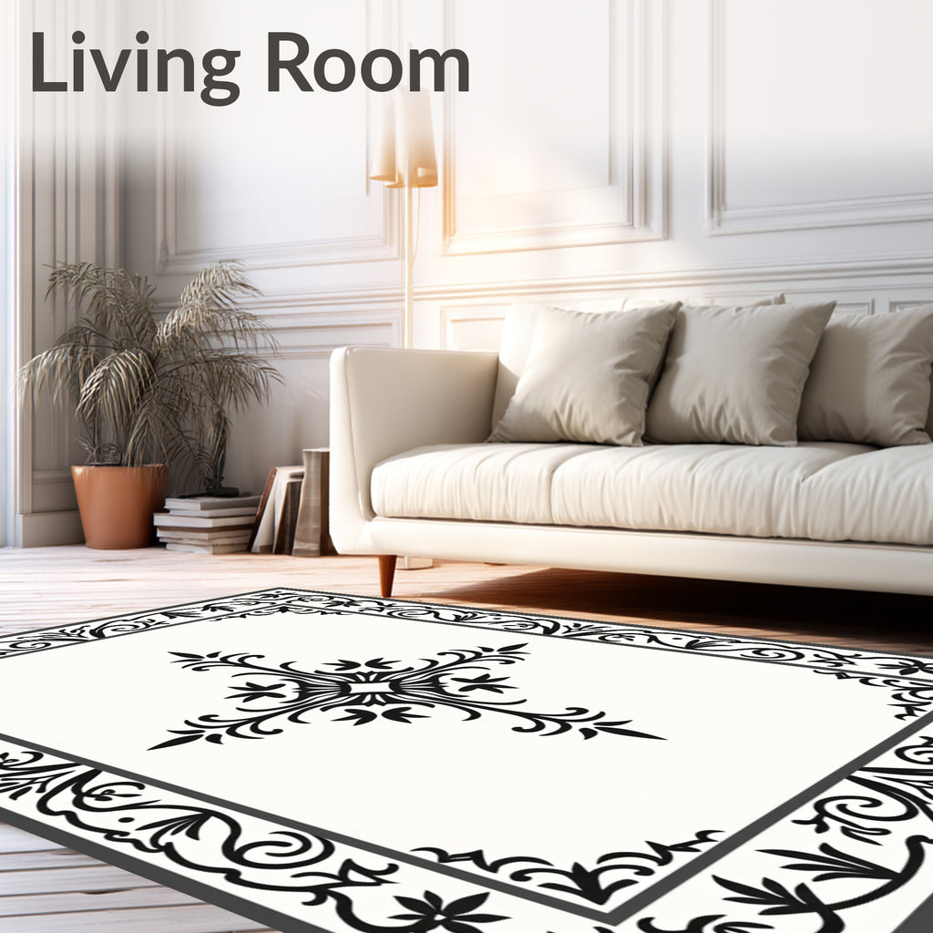 Ornate Black Floral Border Accent Rug