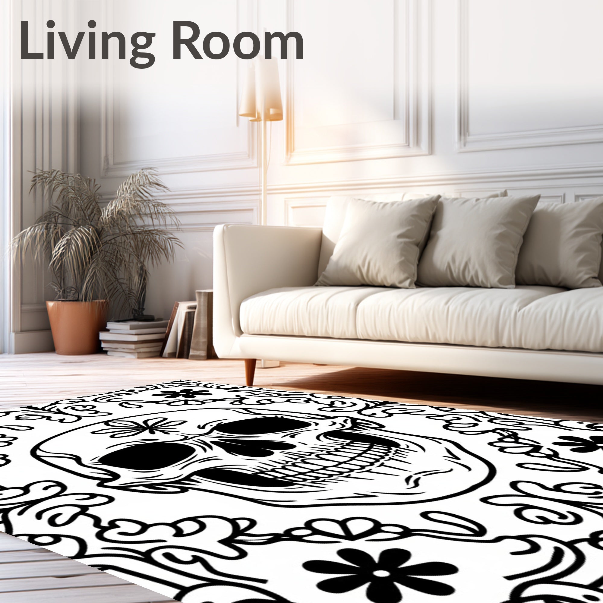 Bold Black Skull Floral Frame Rug