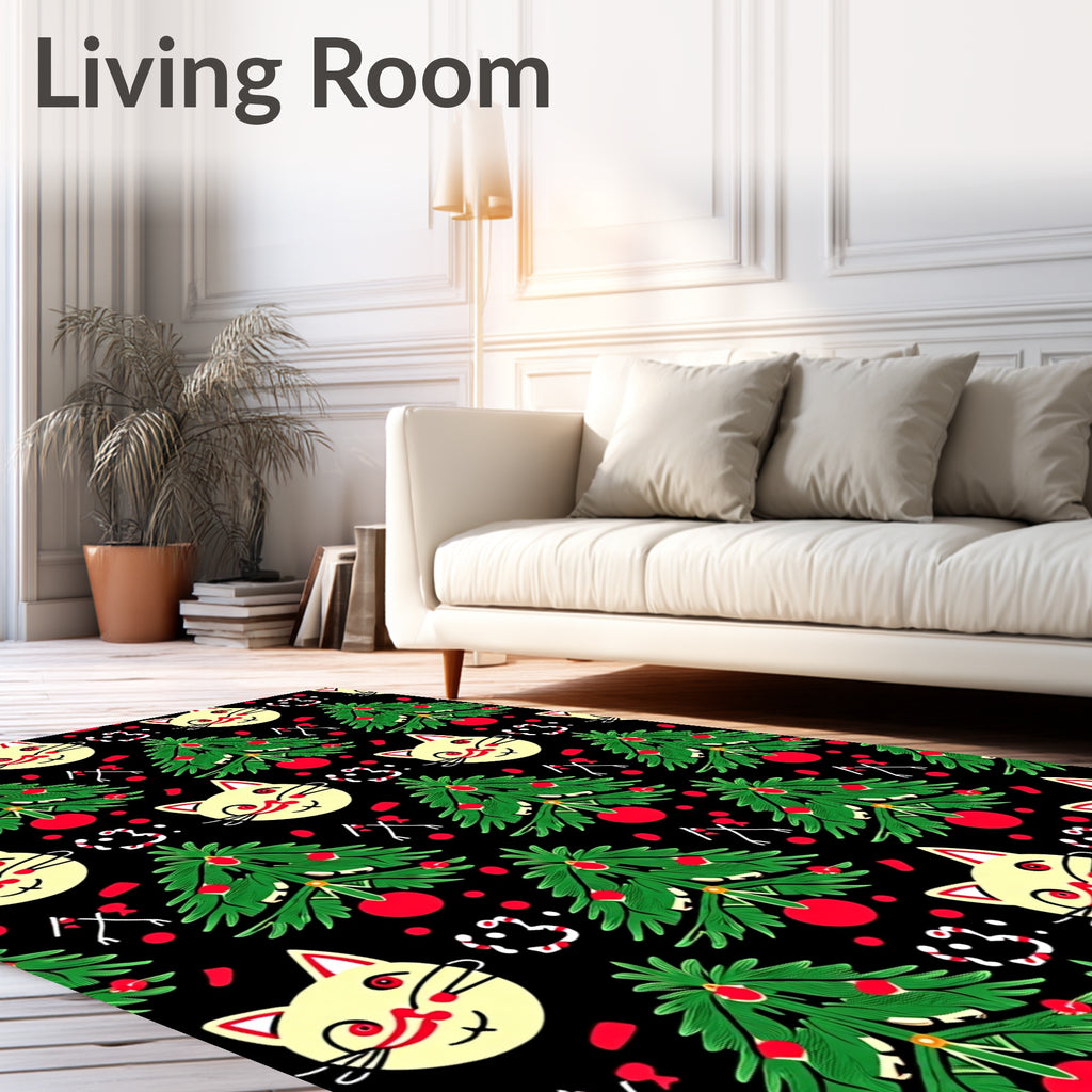 Festive Yellow Cat Christmas Tree Rug