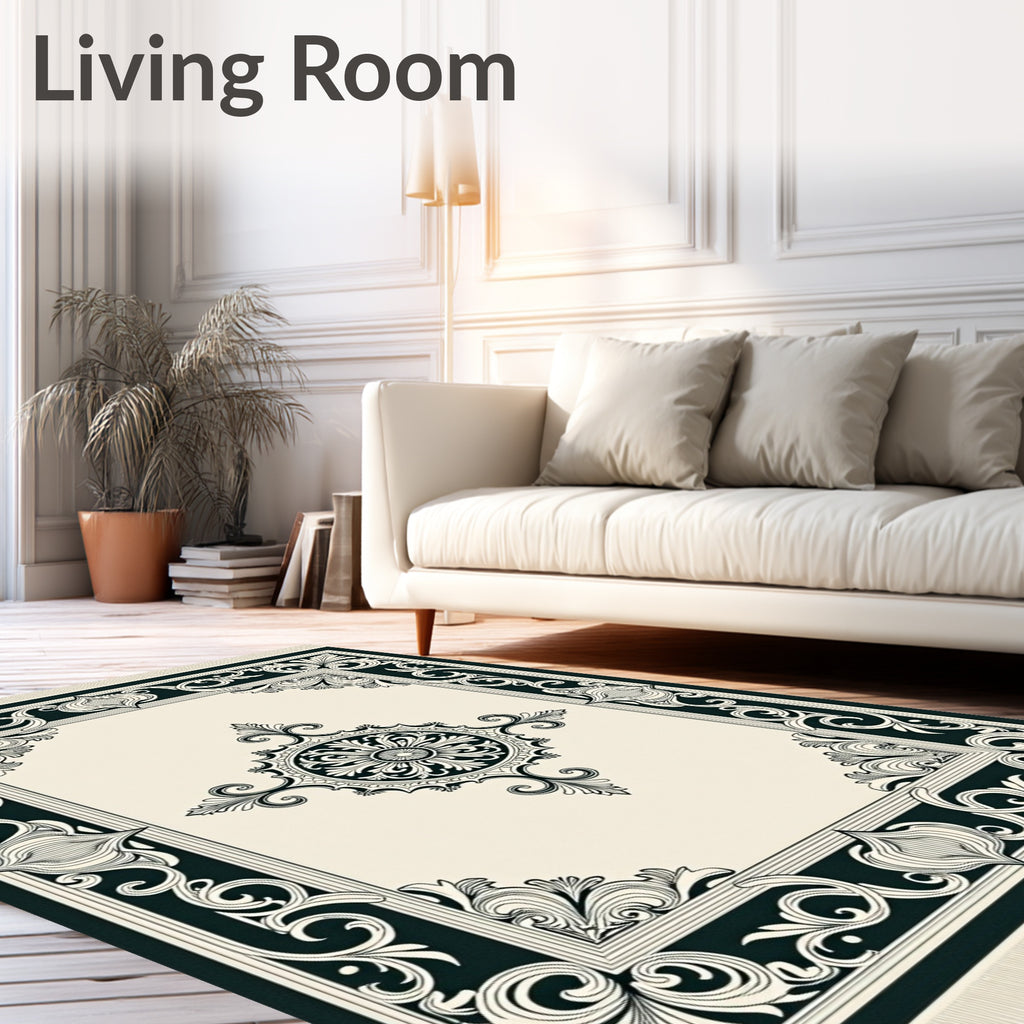 Classic Black Cream Medallion Border Rug