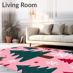 Pink Forest Snowflake Christmas Trees Rug