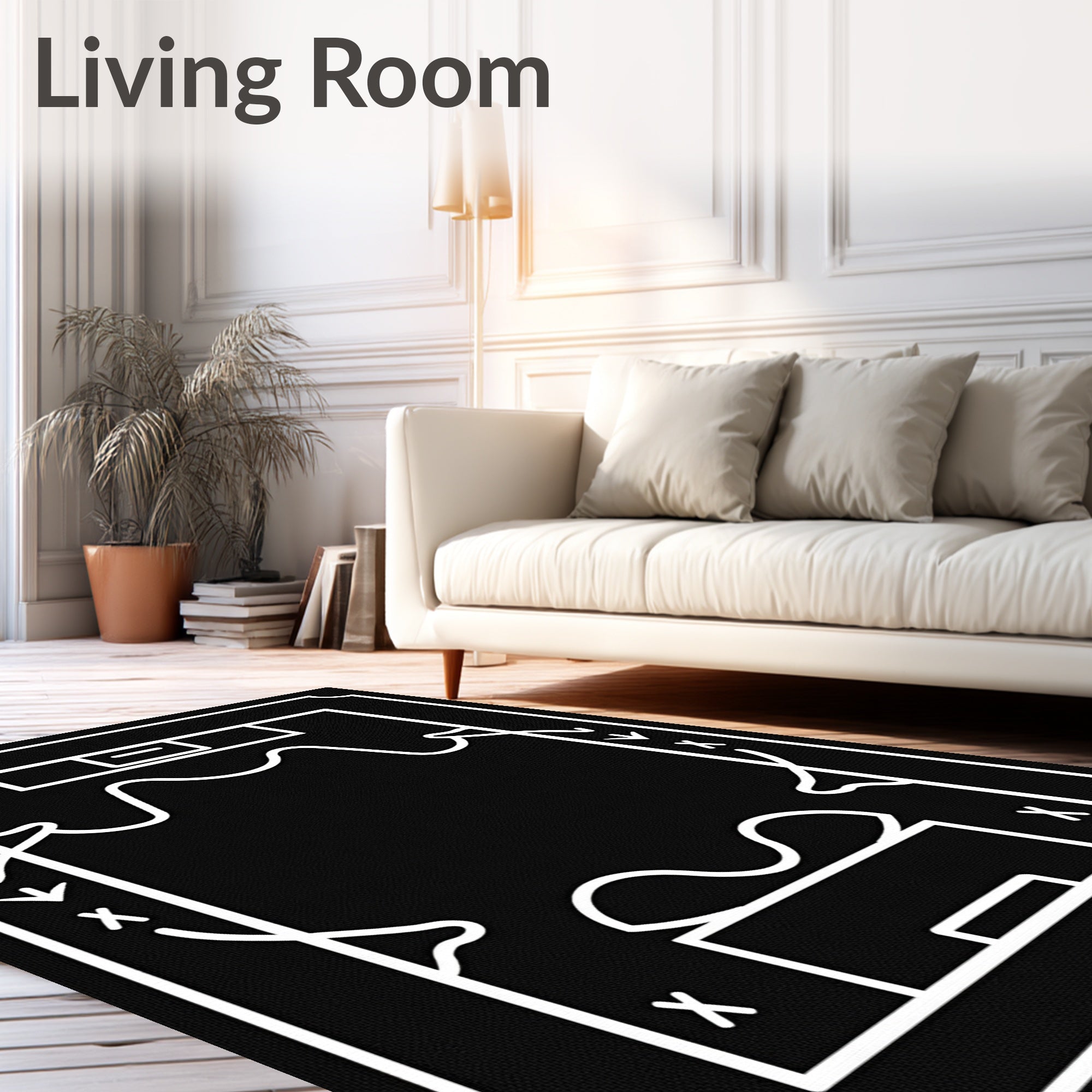 Black White Abstract Line Art Court Rug