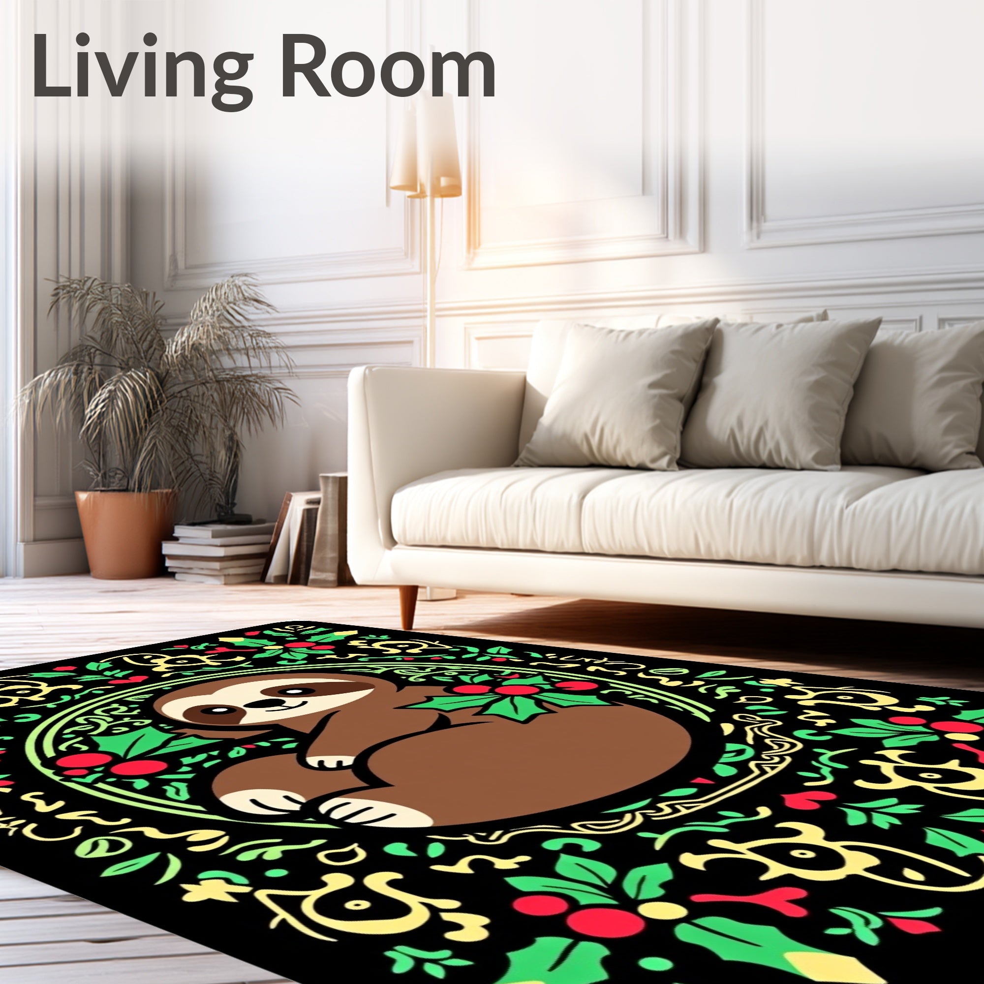 Festive Sloth Holly Berry Circle Rug