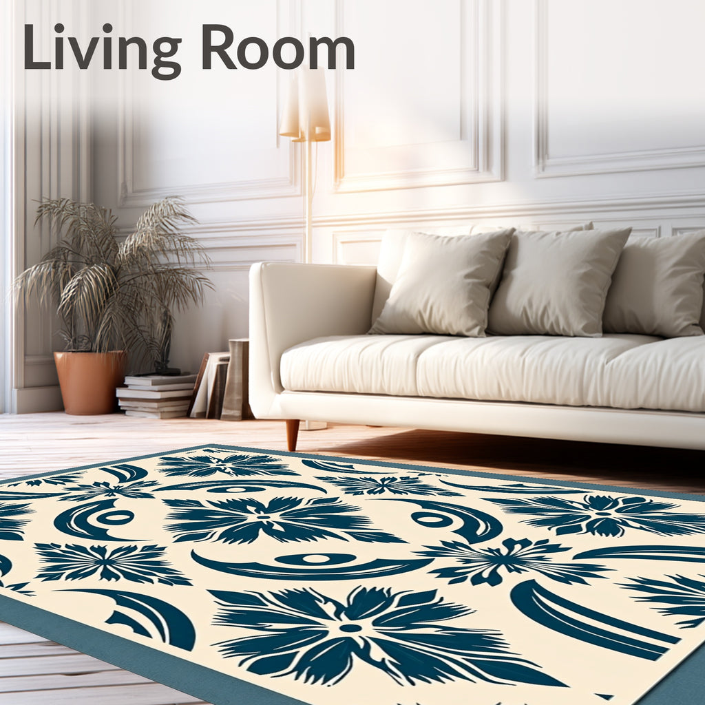 Naval Blue Floral Tile Rug