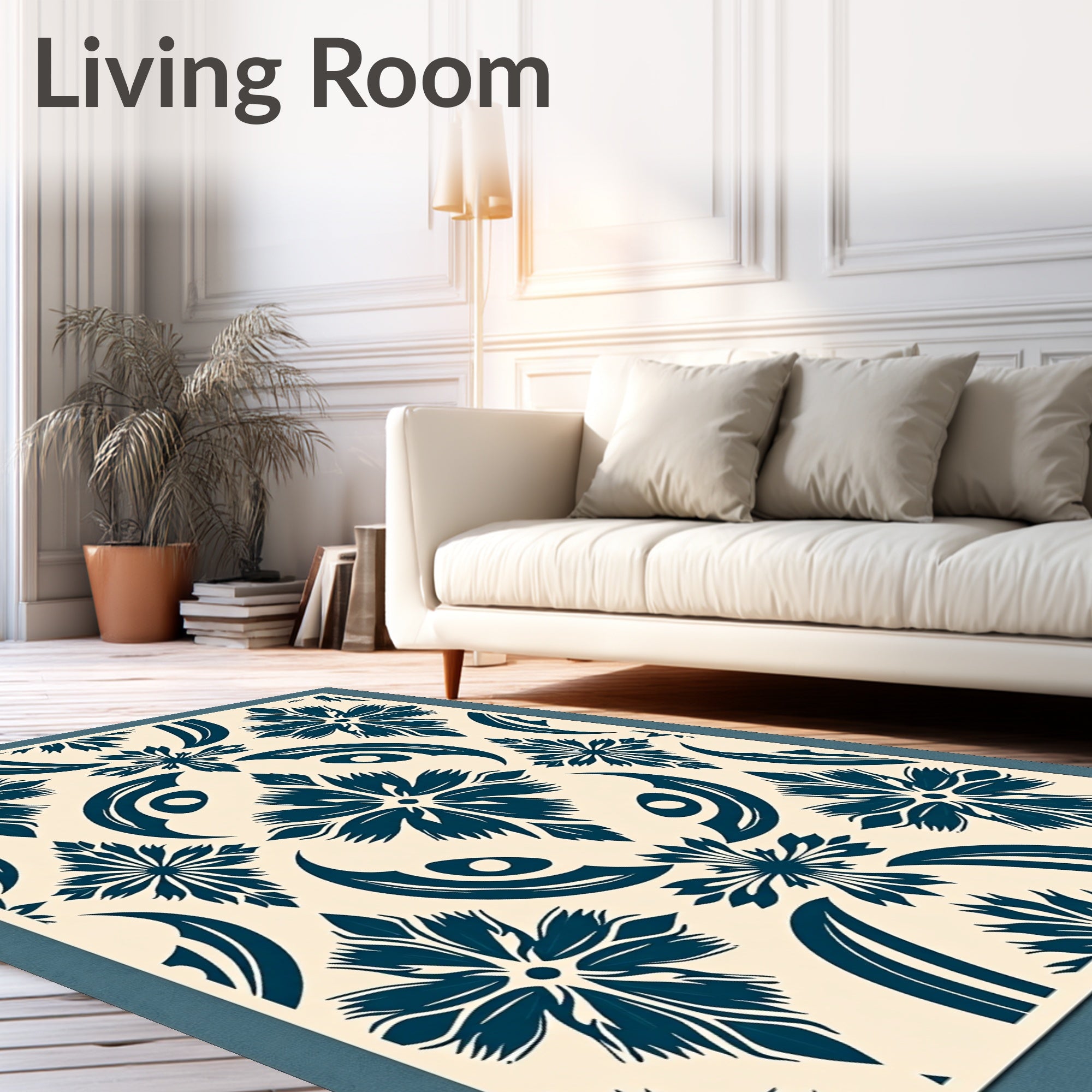 Naval Blue Floral Tile Rug