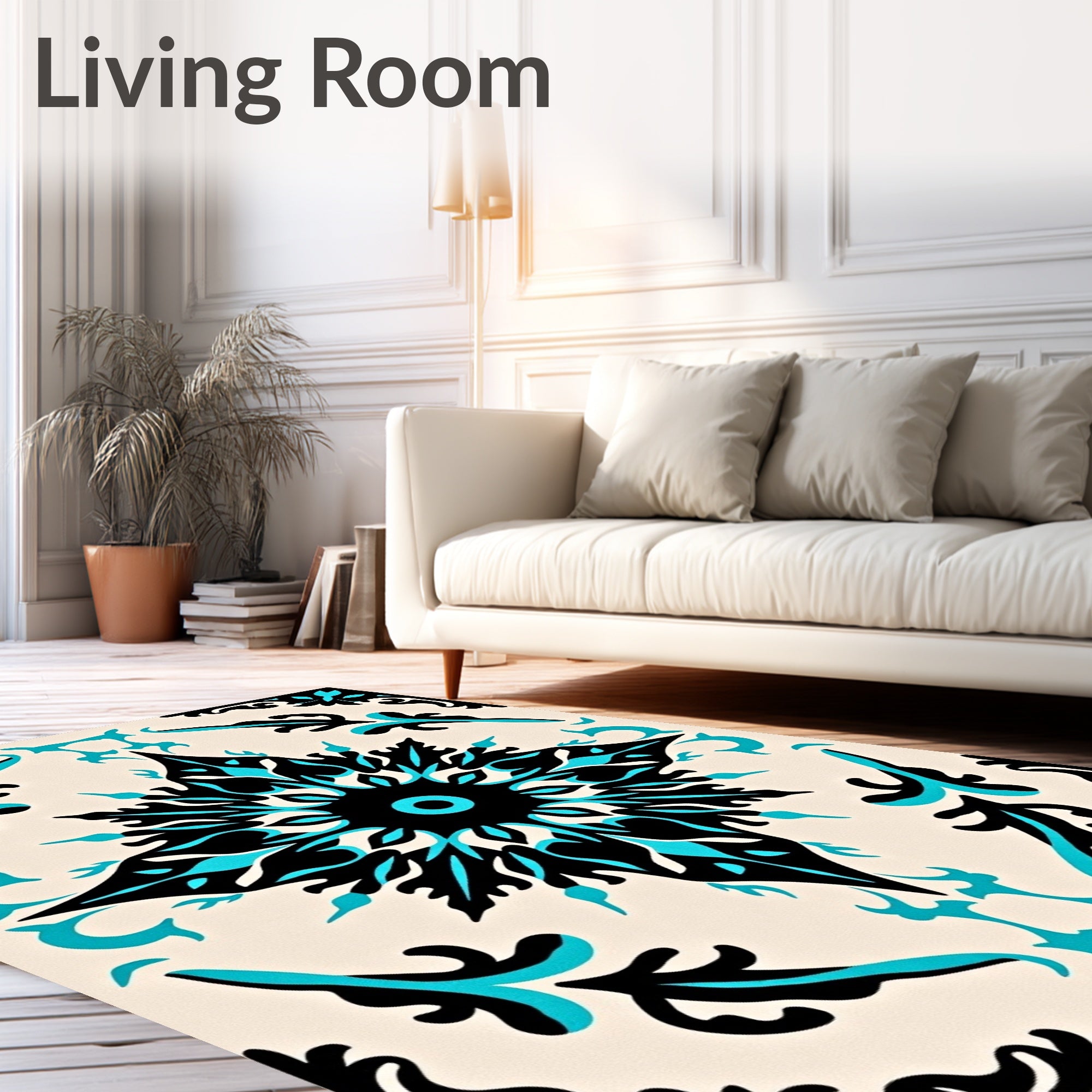 Bold Black Teal Floral Medallion Rug