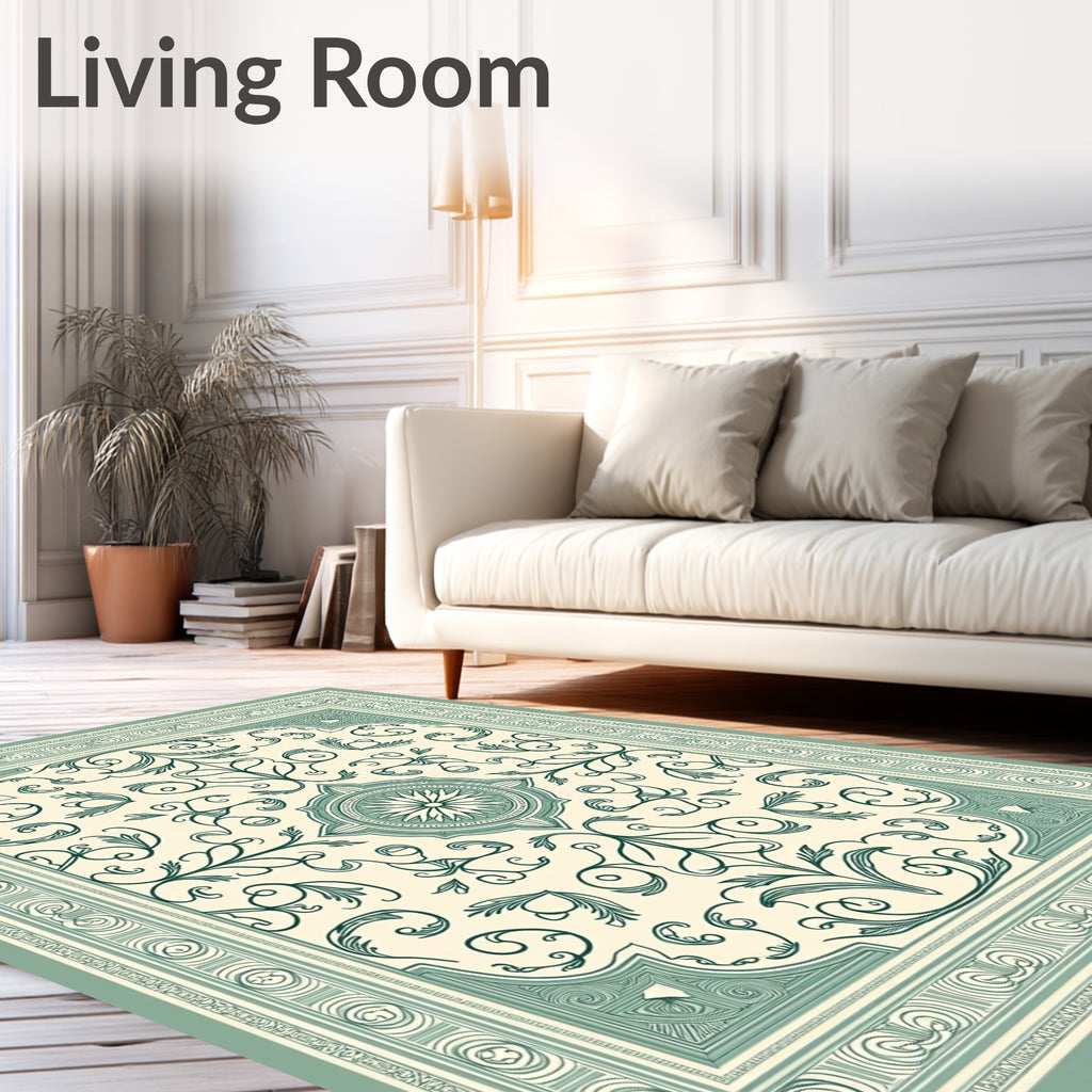 Green Botanical Scroll Border Rug