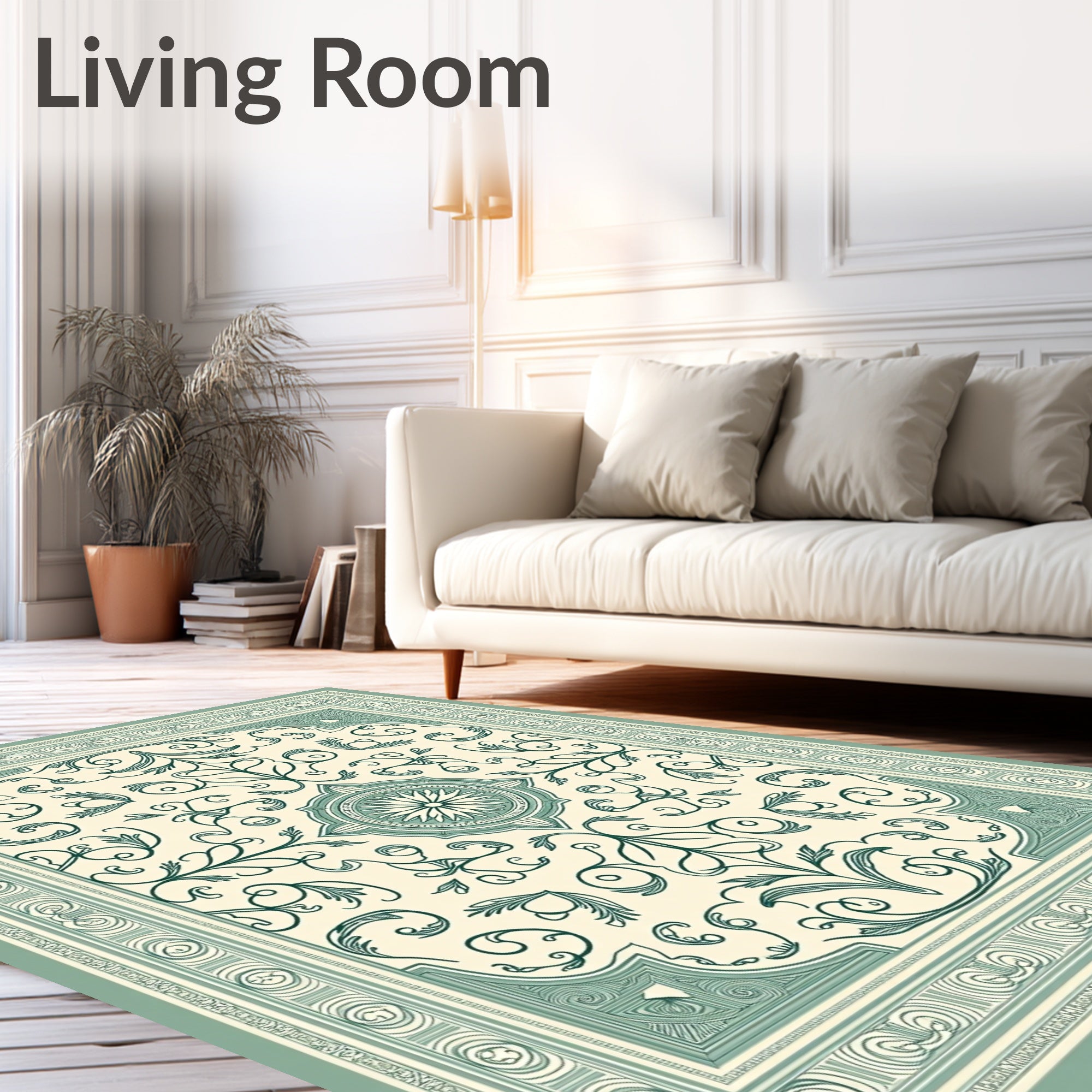 Green Botanical Scroll Border Rug