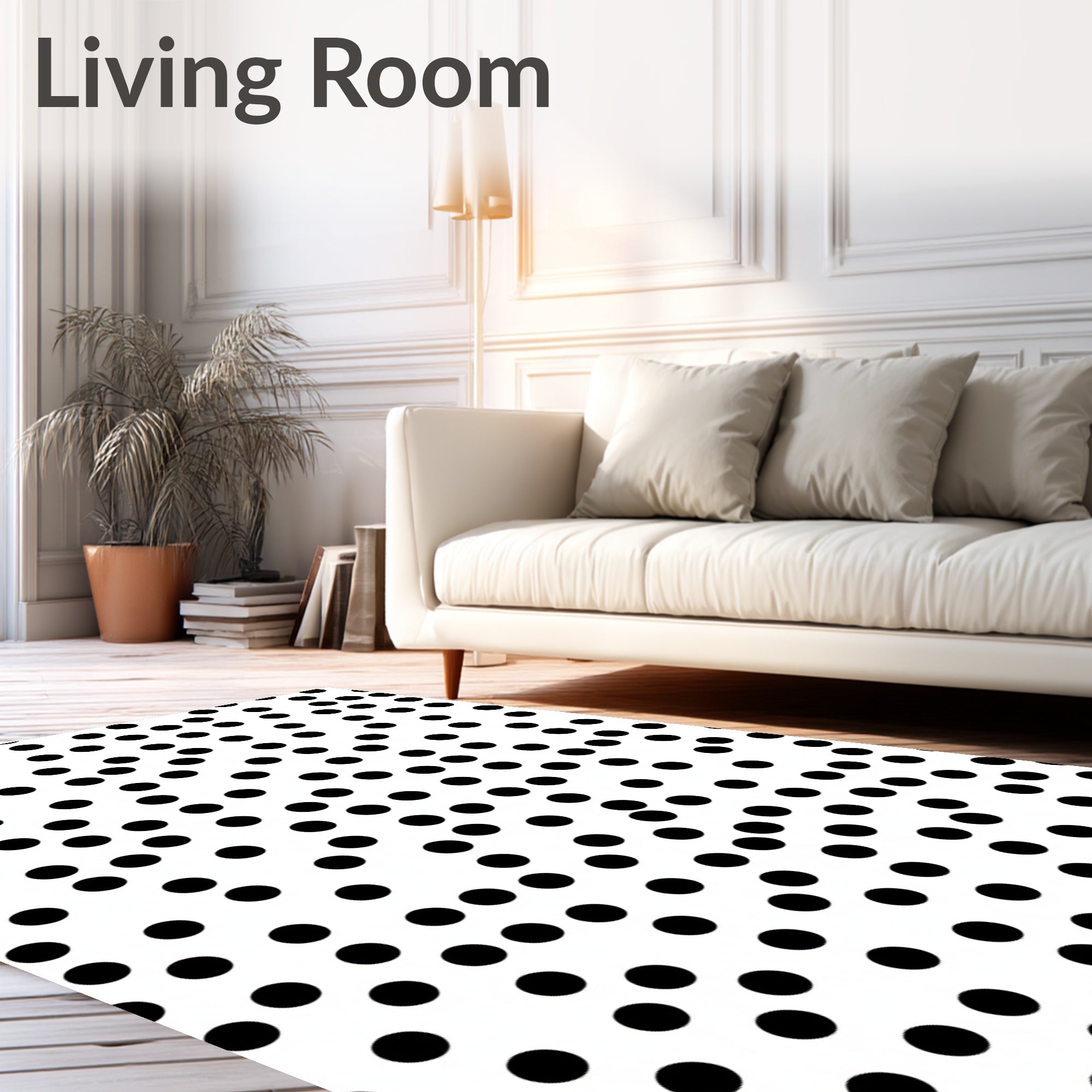 Scattered Black Polka Dots on White Rug