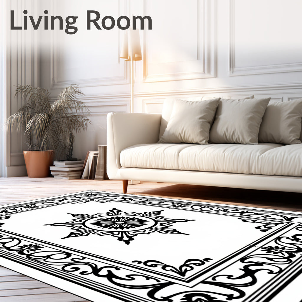 Black White Floral Star Medallion Frame Rug