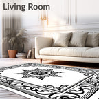 Black White Floral Star Medallion Frame Rug