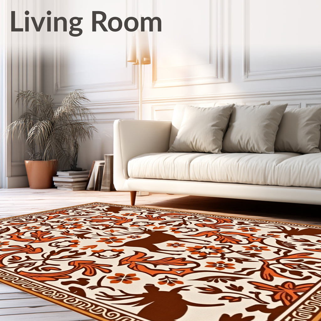 Brown White Deer Floral Forest Medallion Rug
