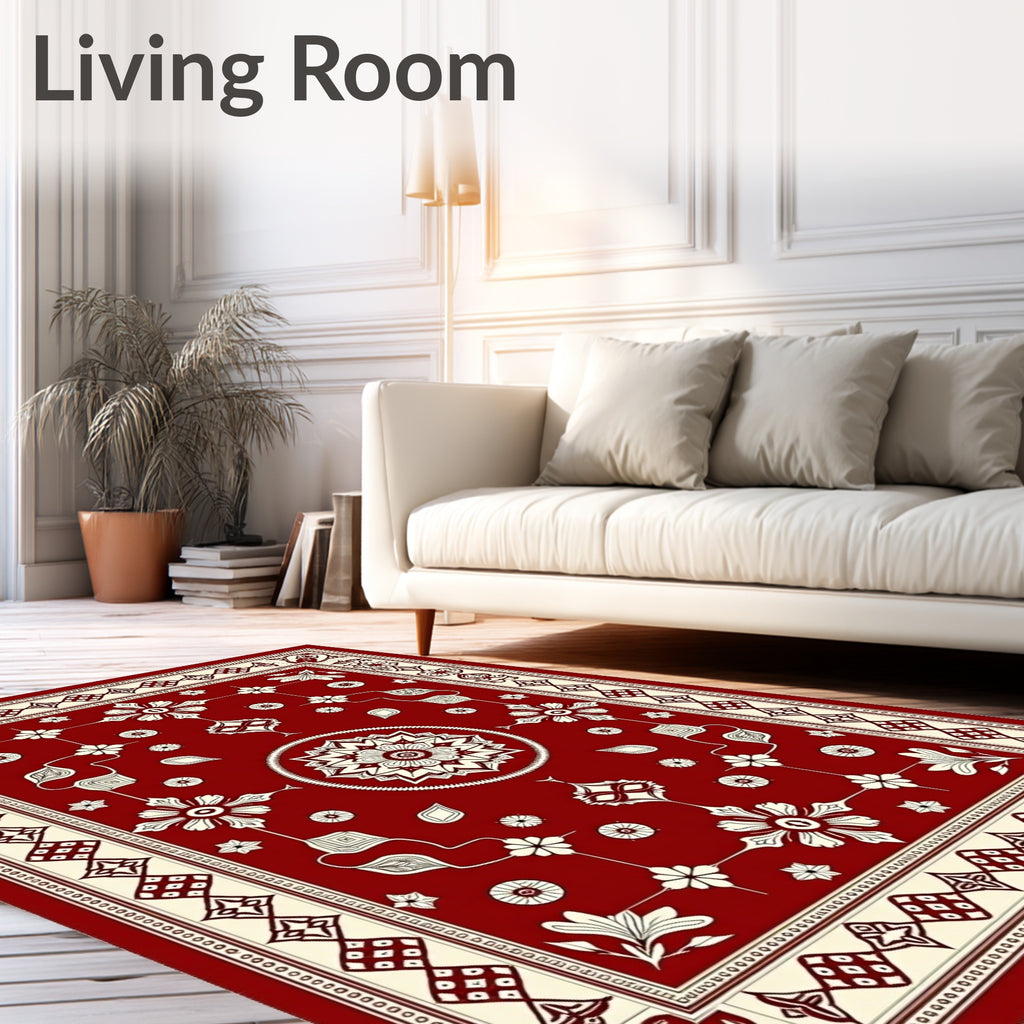 Rich Scarlet Cream Floral Border Art Rug