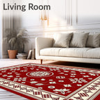 Rich Scarlet Cream Floral Border Art Rug