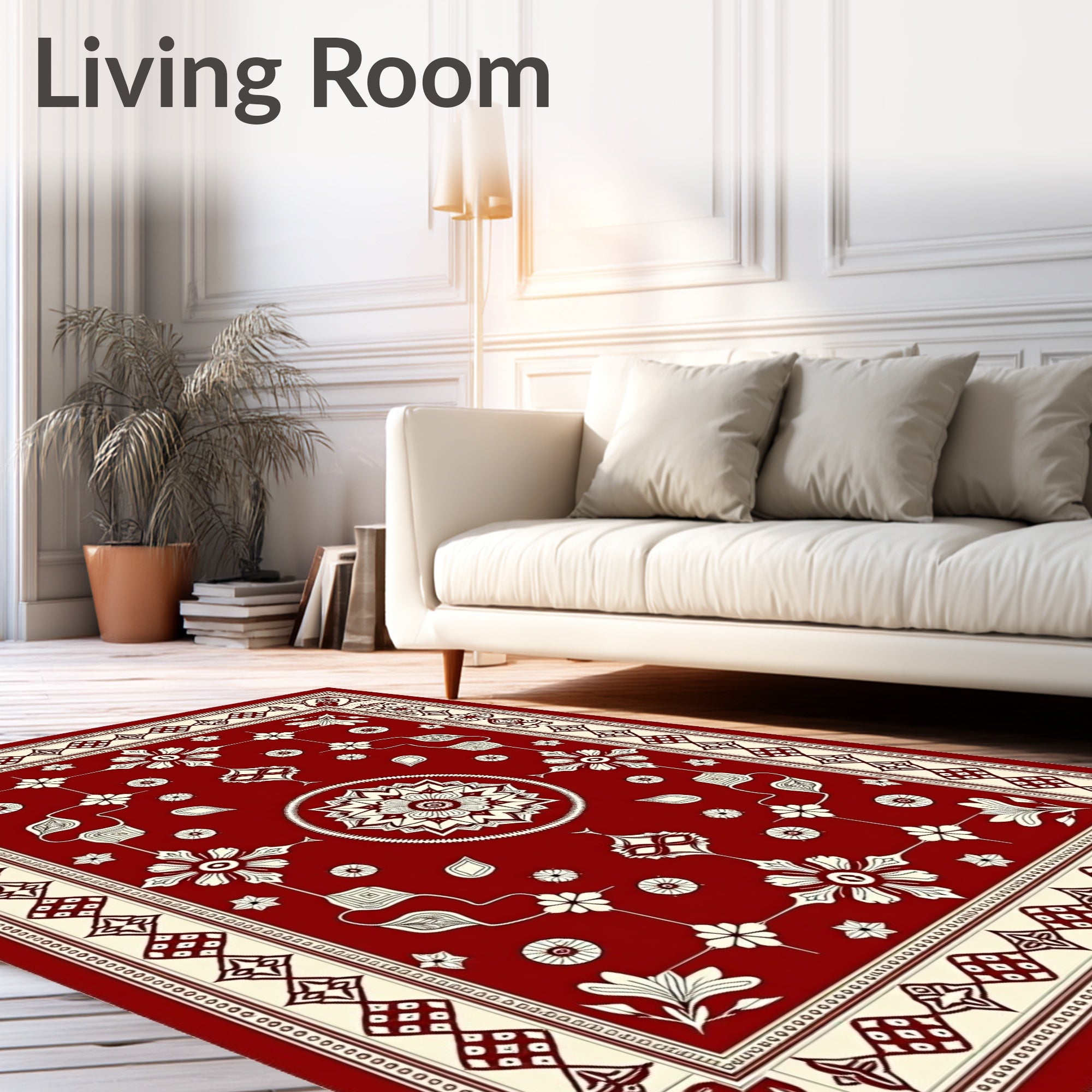Rich Scarlet Cream Floral Border Art Rug
