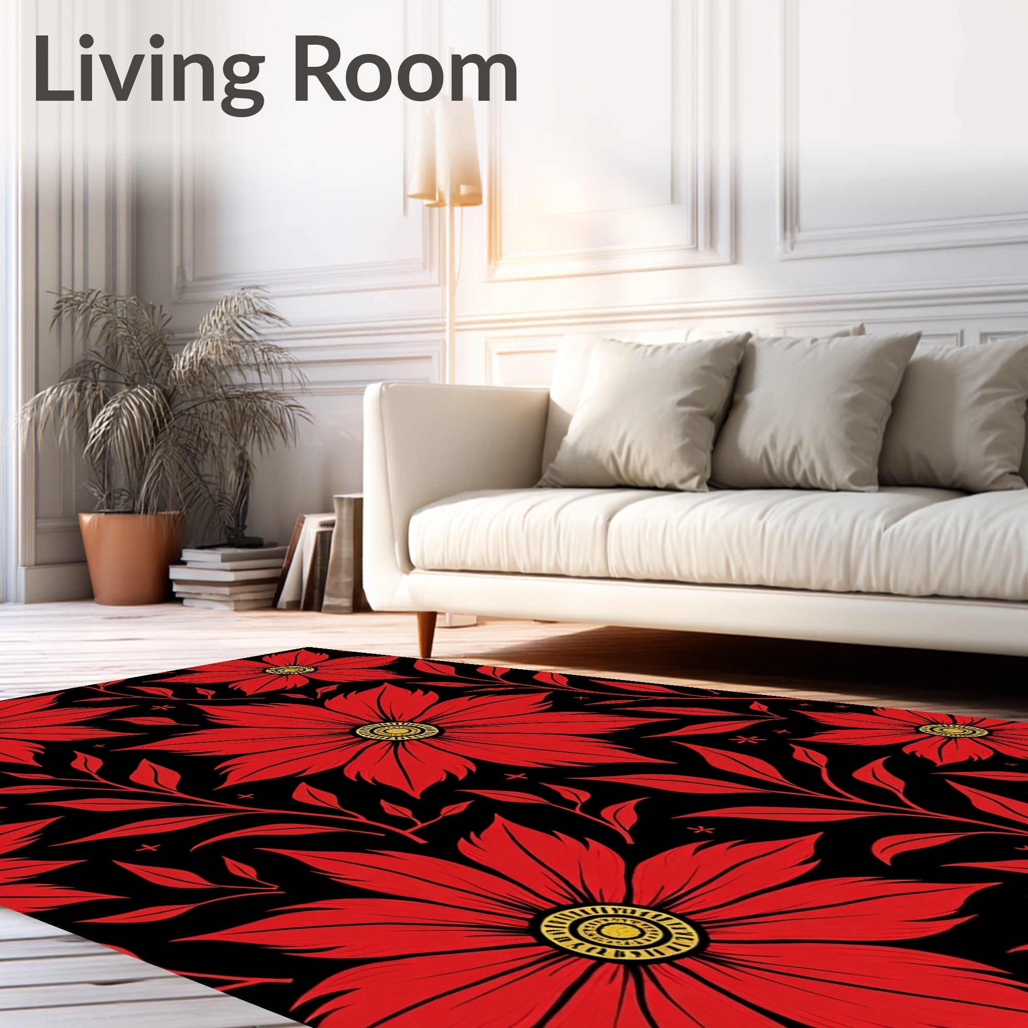 Bold Red Floral Black Background Rug