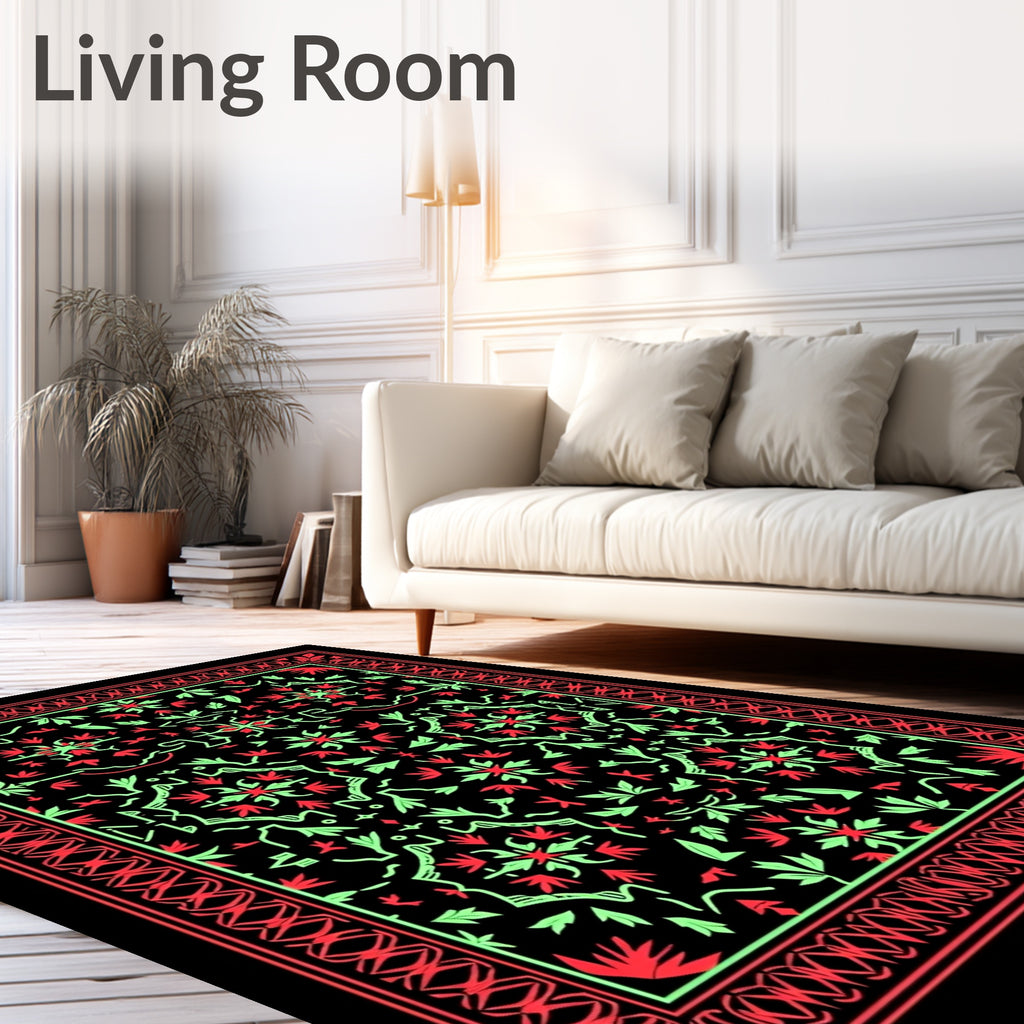 Bold Red Green Floral Medallion Border Rug