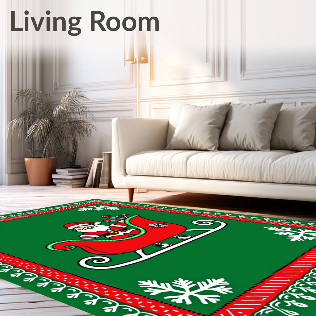 Festive Santa Claus Sleigh Red Green Snowflakes Rug