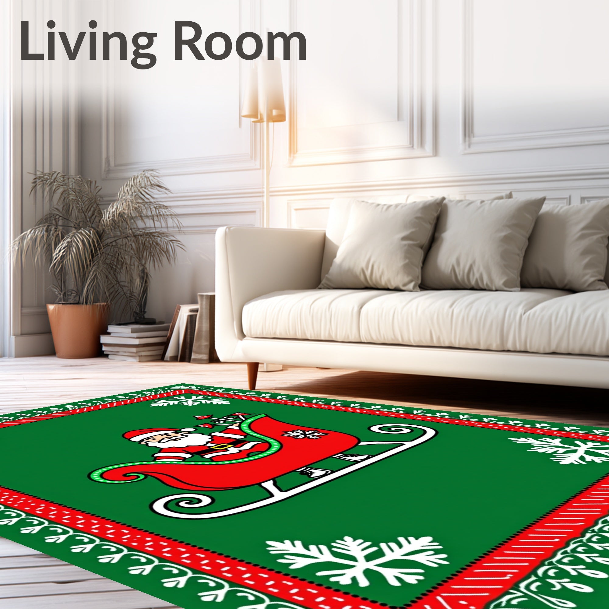 Festive Santa Claus Sleigh Red Green Snowflakes Rug