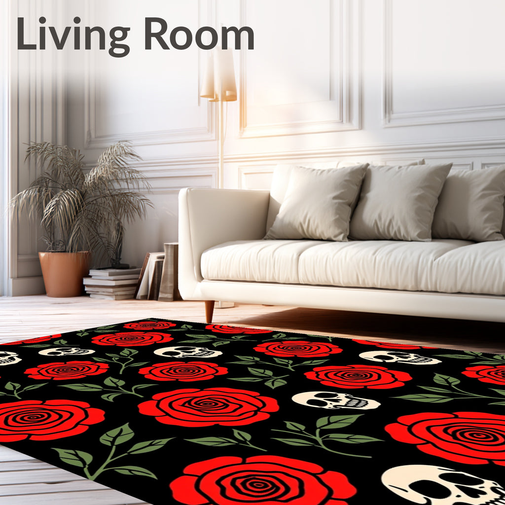 Red Roses and Skulls Black Ground Rug