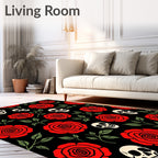 Red Roses and Skulls Black Ground Rug