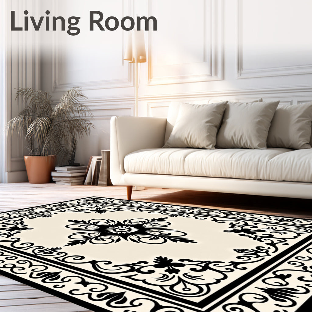 Classic Black Cream Medallion Border Rug