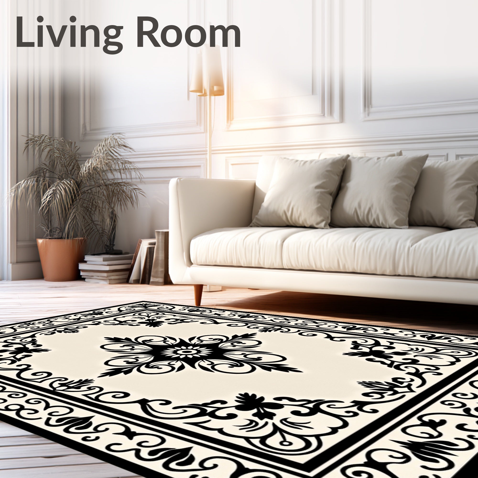 Classic Black Cream Medallion Border Rug