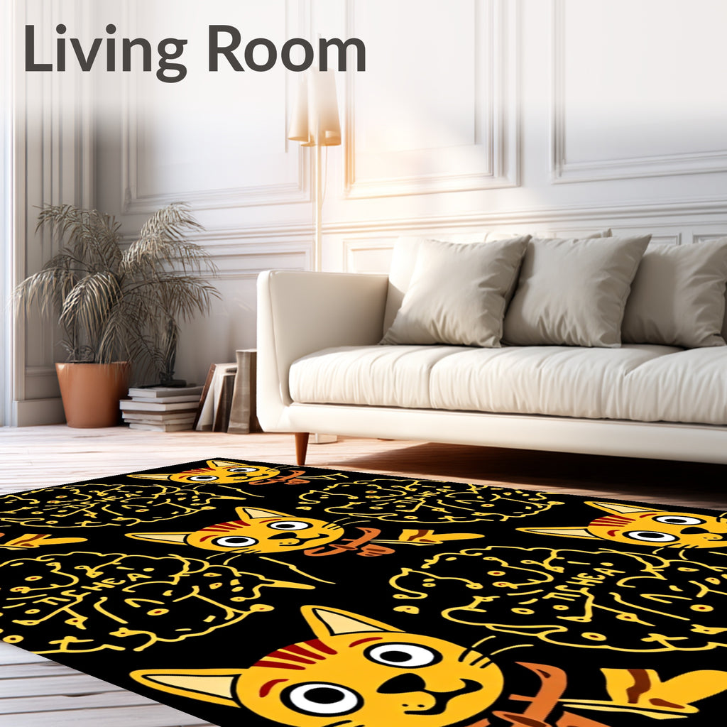 Whimsical Yellow Cat Brain Pattern Rug