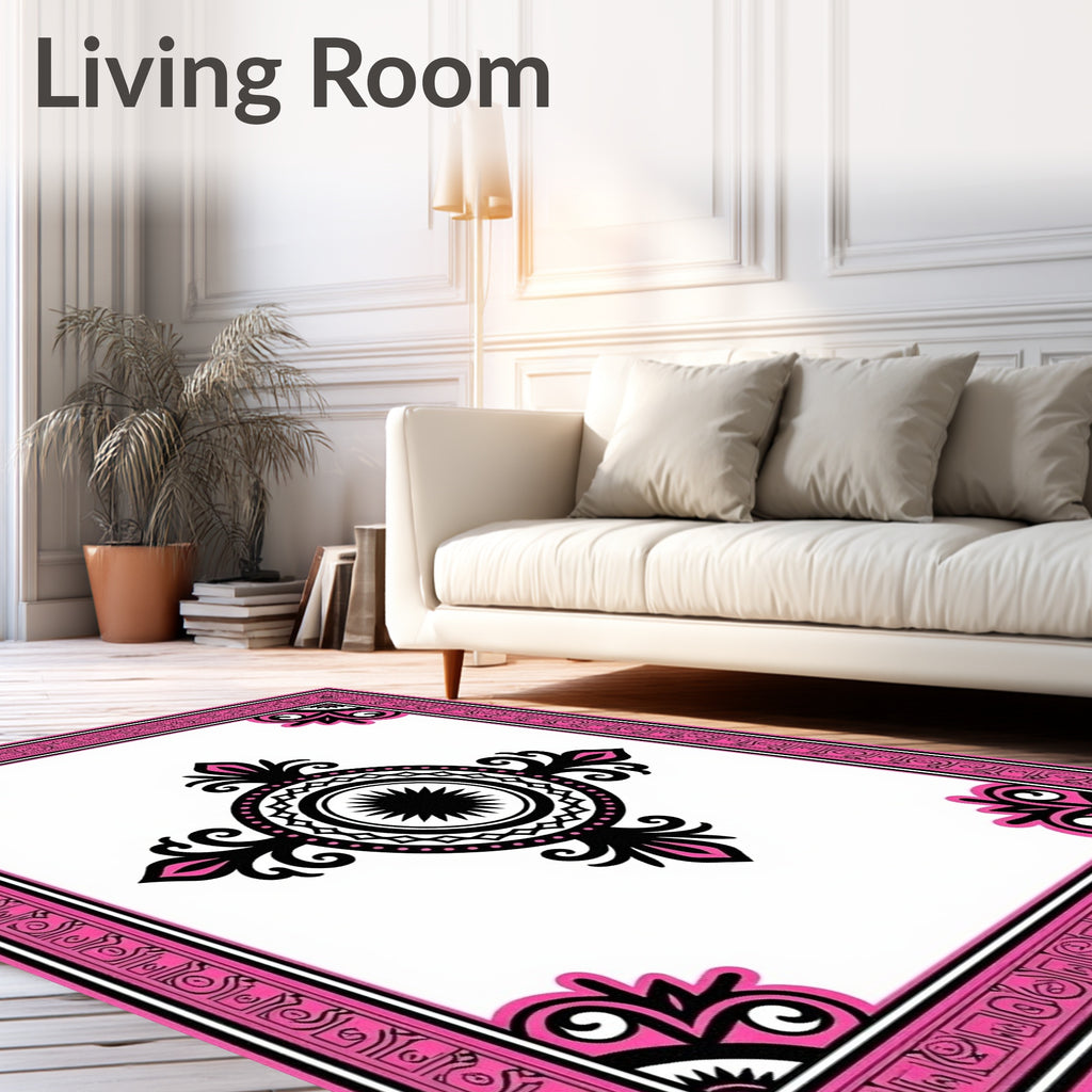Bold Pink Black Medallion Border Rug